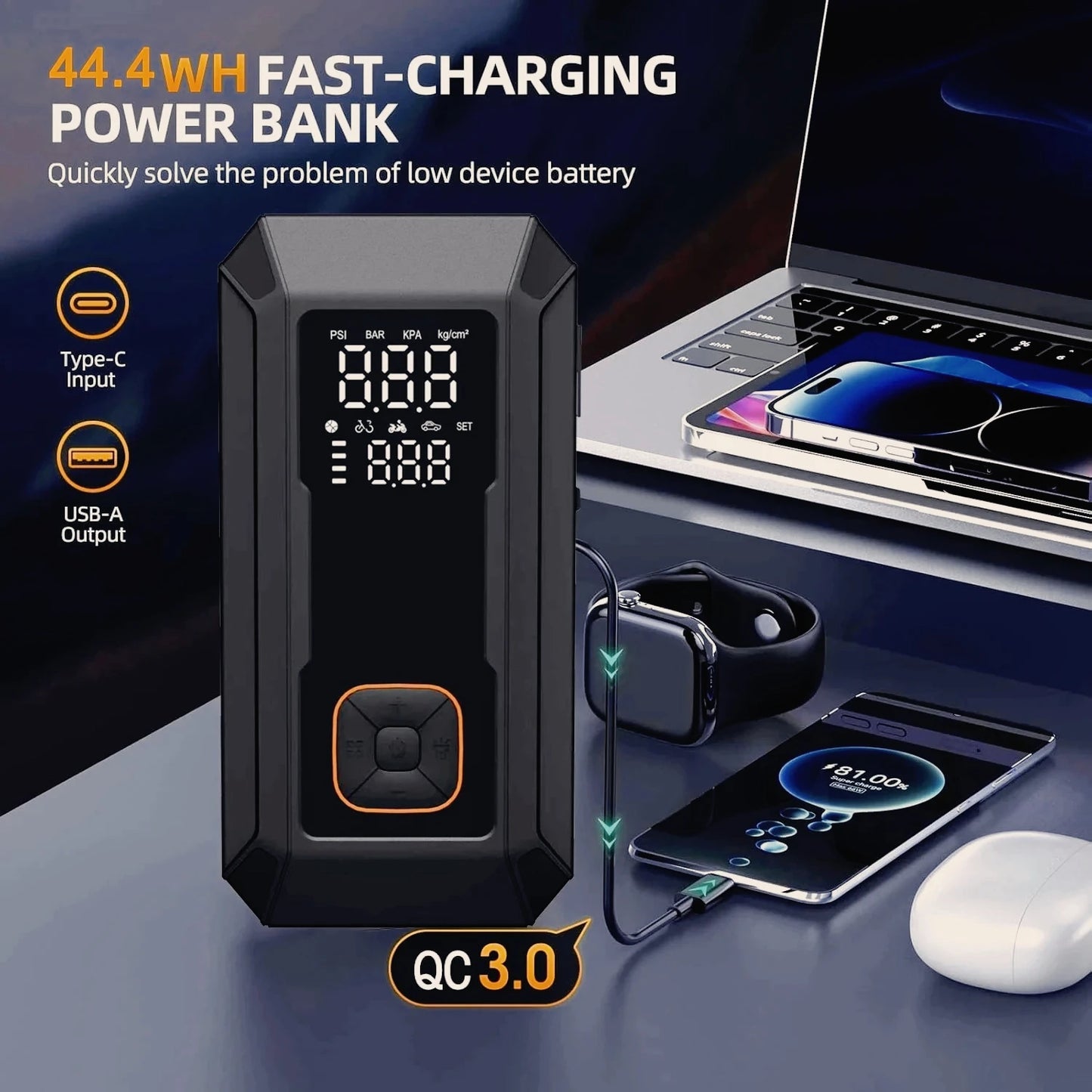 Car Jump Starter with Air Pump 4000A Jump Starter &150PSI Air Compressor, Portable Auto Power Banlk ,Tire Inflator, LED Light