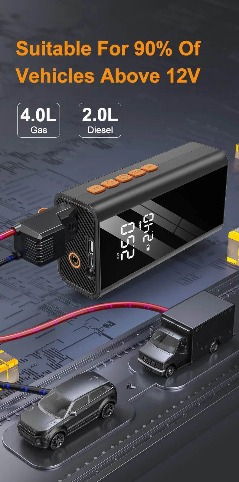 4 In 1 Car Jump Starter Power Bank 1200A 150PSI Auto Air Compressor Wireless Tire Pump Car Battery Booster Starting Device