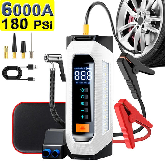 6000A 180psi 5 In1 Car Emergency Battery Pack Light 12v Booster Starting Device Capacitor Compressor Jump Starter With Air Pump