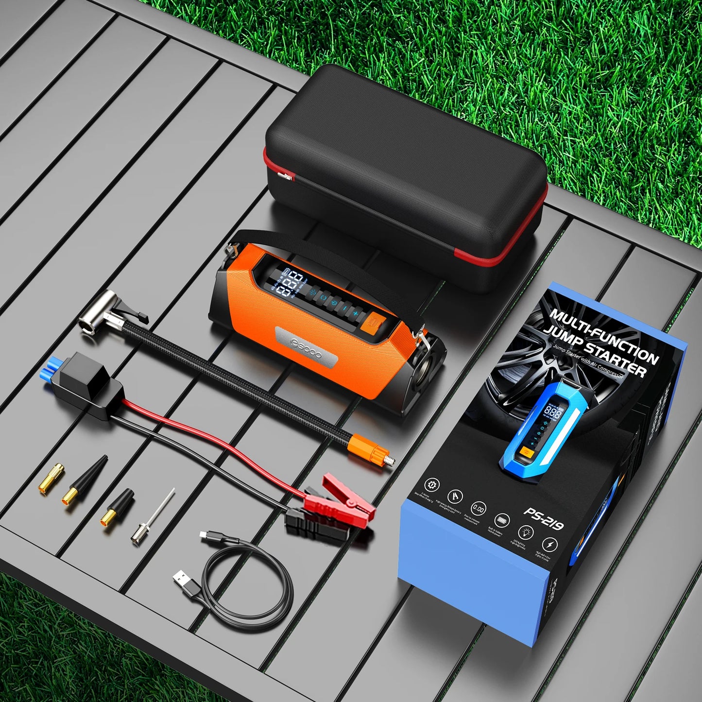 6000A 180psi 5 In1 Car Emergency Battery Pack Light 12v Booster Starting Device Capacitor Compressor Jump Starter With Air Pump