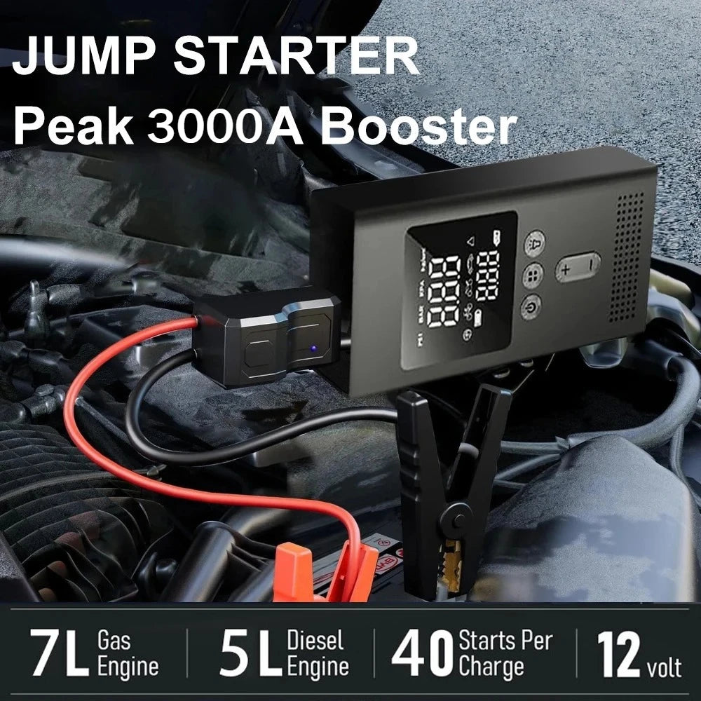 Portable Jump Starter with Air Pump, 3000A Car Jump Starter Boost 150PSI Auto Air Compressor Tire Inflator , LED Light