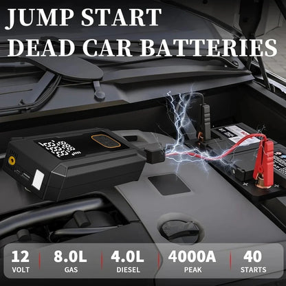 Car Jump Starter with Air Pump 4000A Jump Starter &150PSI Air Compressor, Portable Auto Power Banlk ,Tire Inflator, LED Light