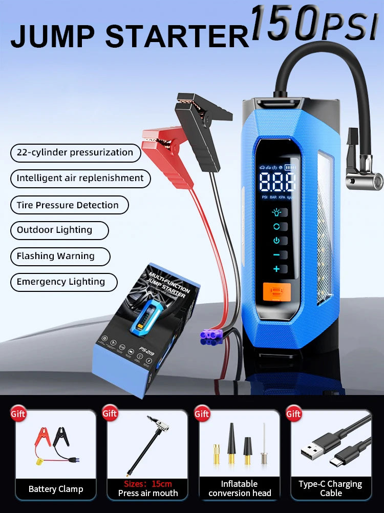 6000A 180psi 5 In1 Car Emergency Battery Pack Light 12v Booster Starting Device Capacitor Compressor Jump Starter With Air Pump