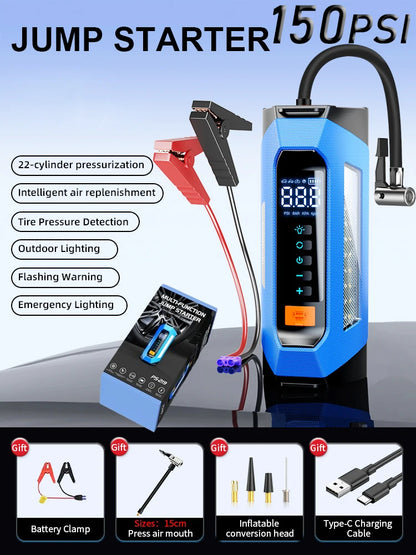 6000A 180psi 5 In1 Car Emergency Battery Pack Light 12v Booster Starting Device Capacitor Compressor Jump Starter With Air Pump