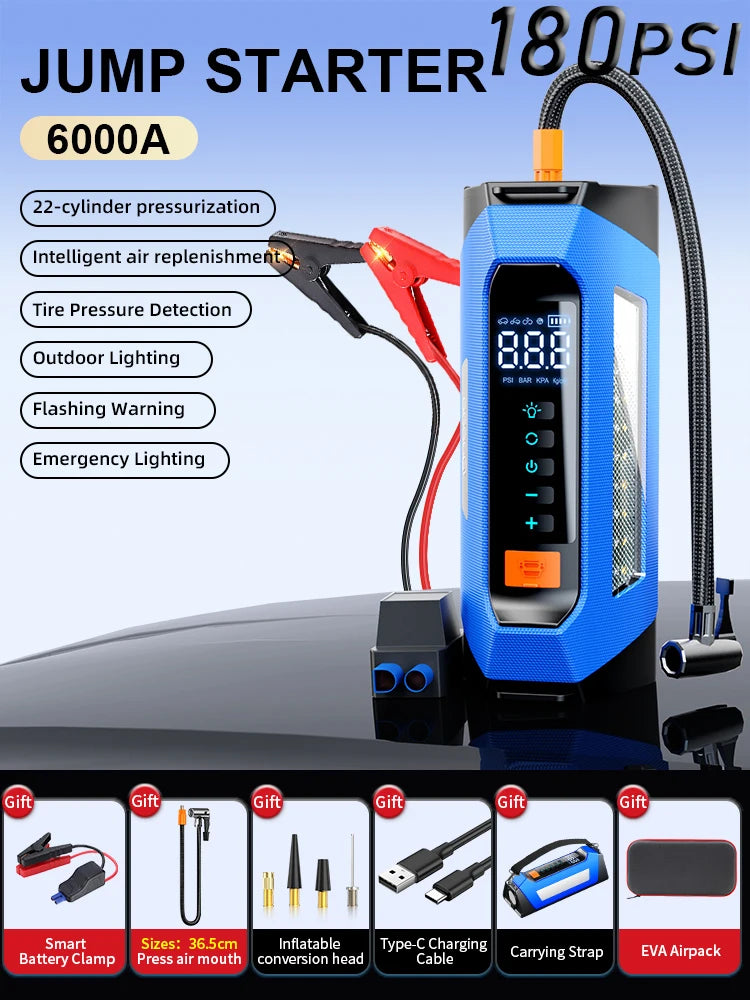 6000A 180psi 5 In1 Car Emergency Battery Pack Light 12v Booster Starting Device Capacitor Compressor Jump Starter With Air Pump