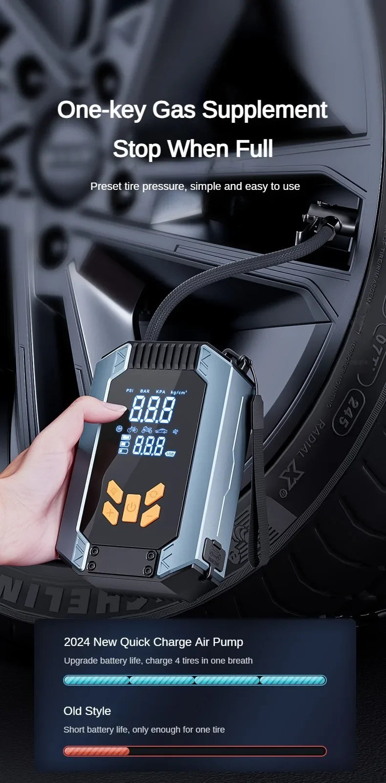 4 In 1 Portable Car Jump Starter & Air Pump 150PSI Air Compressor Power Bank Booster Car Starter Device Auto Tyre Inflator