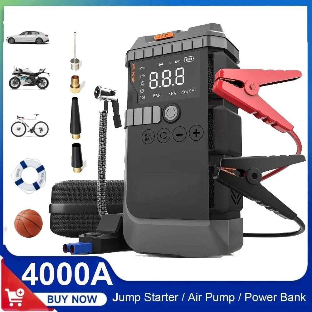 Car Jump Starter with Air Pump 3000A Peak Starter Box 150PSI Digital Tire Inflator Car Battery Jump Starter With Air Compressor