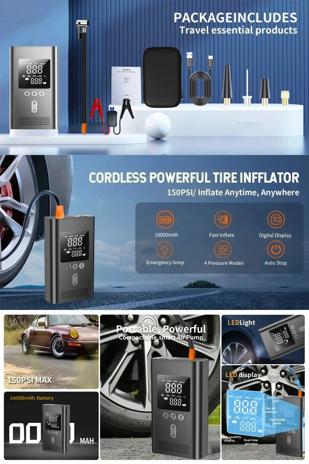 Portable Jump Starter with Air Pump, 3000A Car Jump Starter Boost 150PSI Auto Air Compressor Tire Inflator , LED Light