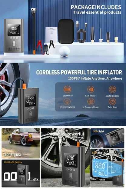 Portable Jump Starter with Air Pump, 3000A Car Jump Starter Boost 150PSI Auto Air Compressor Tire Inflator , LED Light