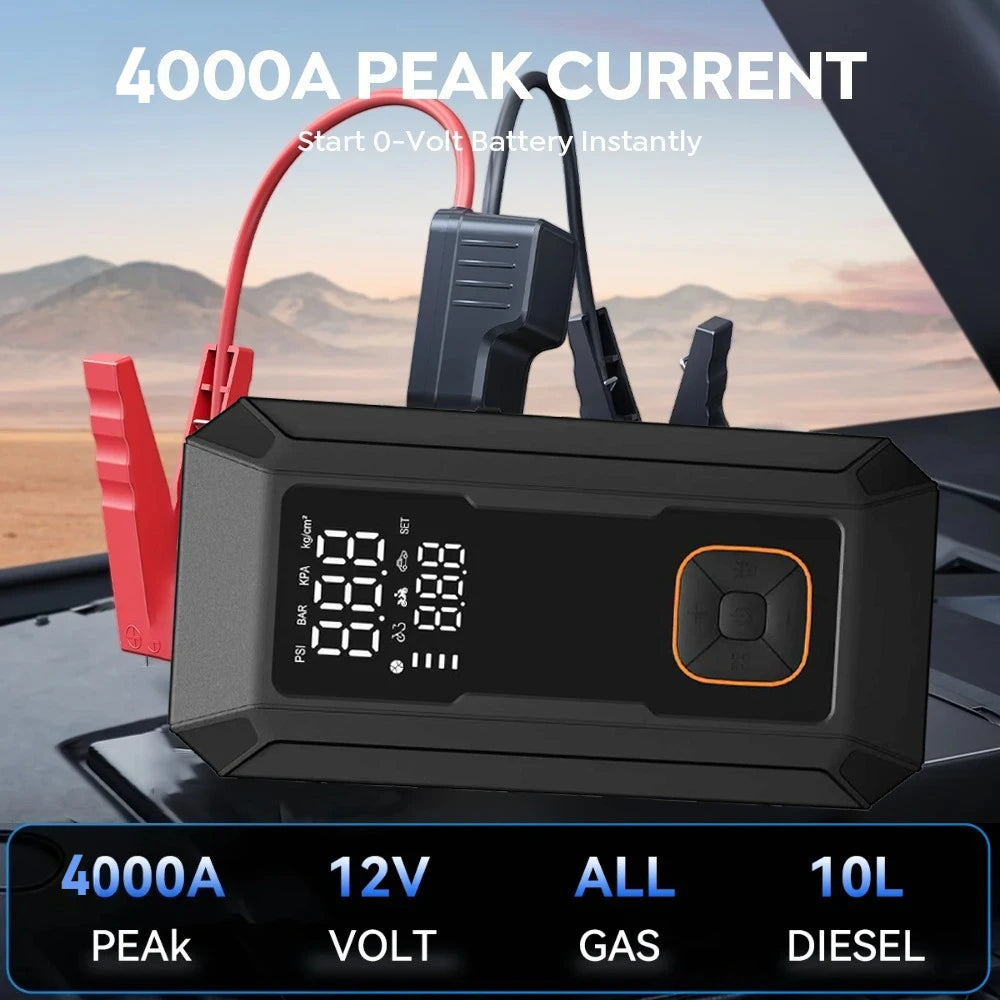 Car Jump Starter with Air Pump 4000A Jump Starter &150PSI Air Compressor, Portable Auto Power Banlk ,Tire Inflator, LED Light