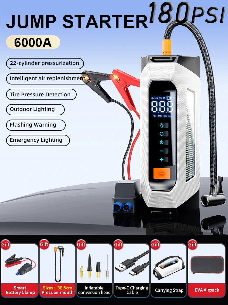 6000A 180psi 5 In1 Car Emergency Battery Pack Light 12v Booster Starting Device Capacitor Compressor Jump Starter With Air Pump