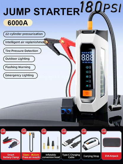 6000A 180psi 5 In1 Car Emergency Battery Pack Light 12v Booster Starting Device Capacitor Compressor Jump Starter With Air Pump