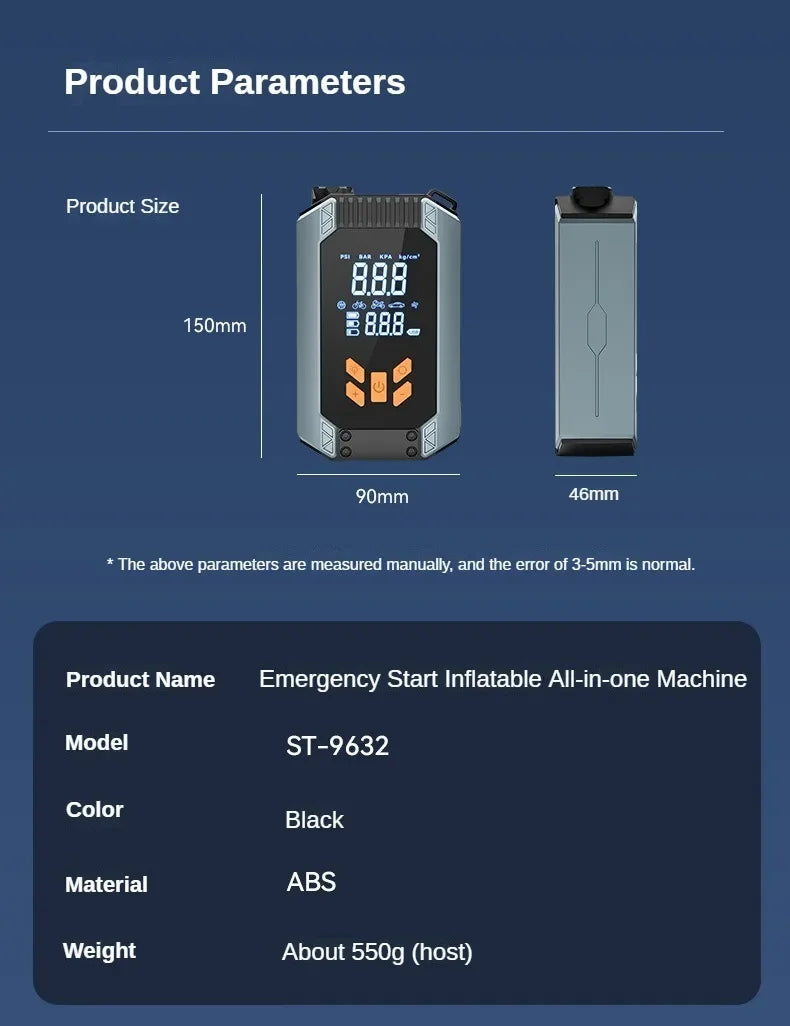 4 In 1 Portable Car Jump Starter & Air Pump 150PSI Air Compressor Power Bank Booster Car Starter Device Auto Tyre Inflator