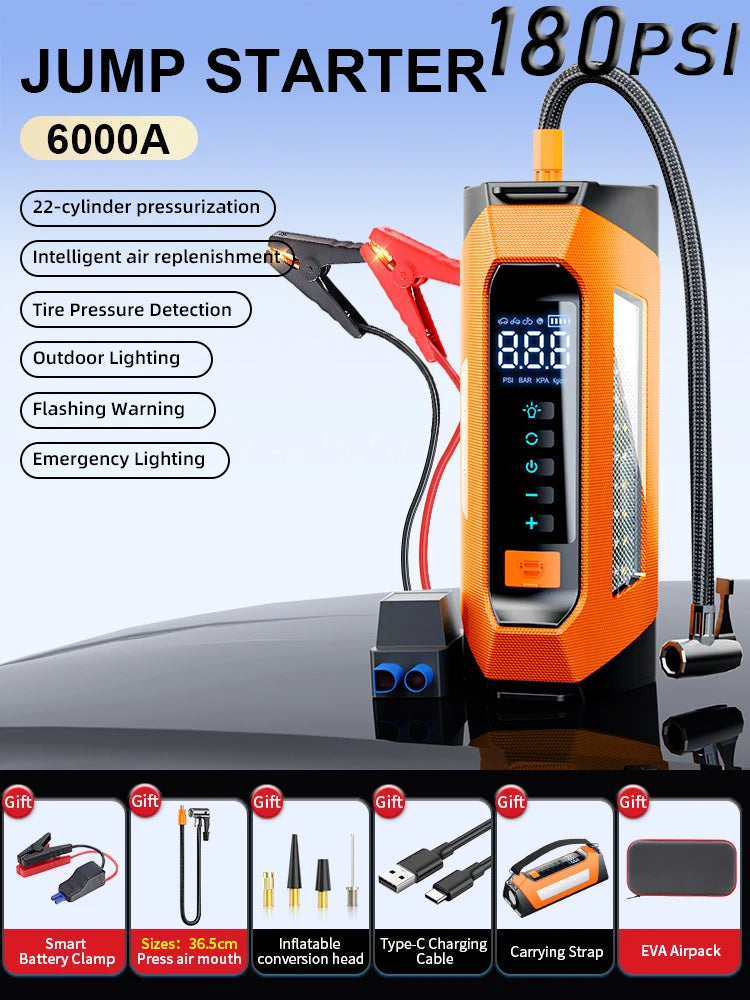 6000A 180psi 5 In1 Car Emergency Battery Pack Light 12v Booster Starting Device Capacitor Compressor Jump Starter With Air Pump