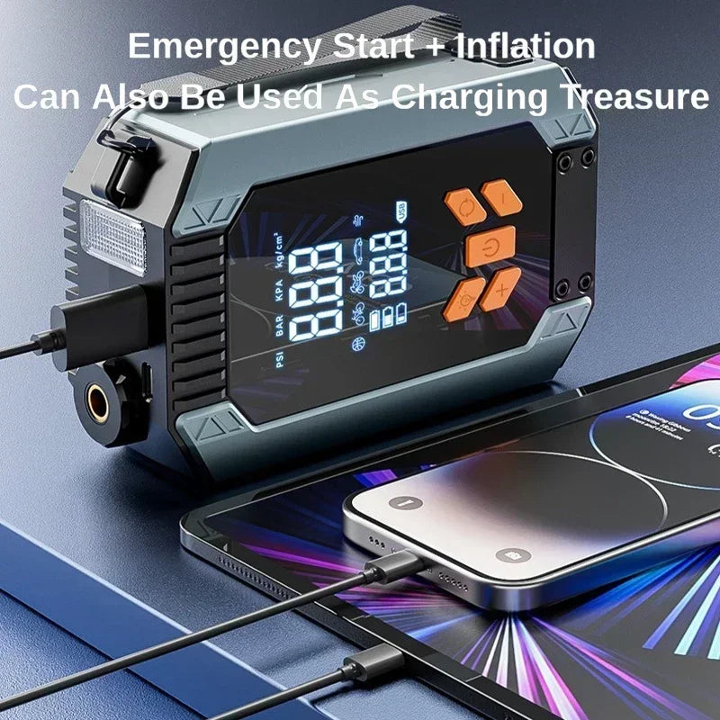 4 In 1 Portable Car Jump Starter & Air Pump 150PSI Air Compressor Power Bank Booster Car Starter Device Auto Tyre Inflator