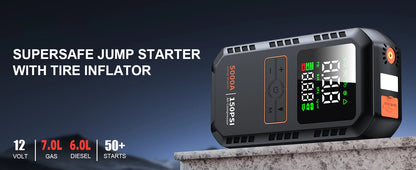 4-IN-1 Car Jump Starter with Air Compressor Peak 5000A Auto Battery Booster 150PSI Air Pump Portable Power Bank Tire Inflator
