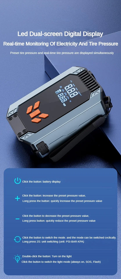 4 In 1 Portable Car Jump Starter & Air Pump 150PSI Air Compressor Power Bank Booster Car Starter Device Auto Tyre Inflator