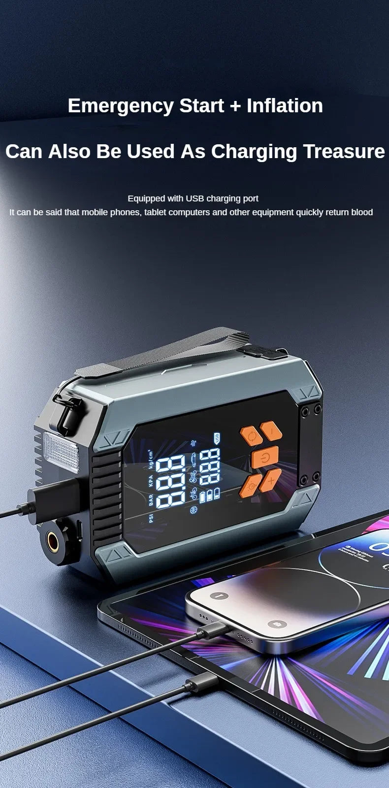 4 In 1 Portable Car Jump Starter & Air Pump 150PSI Air Compressor Power Bank Booster Car Starter Device Auto Tyre Inflator